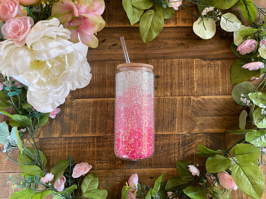 Snow Globe Glass Can 15 oz Pink Ombre Rhinestone Filled