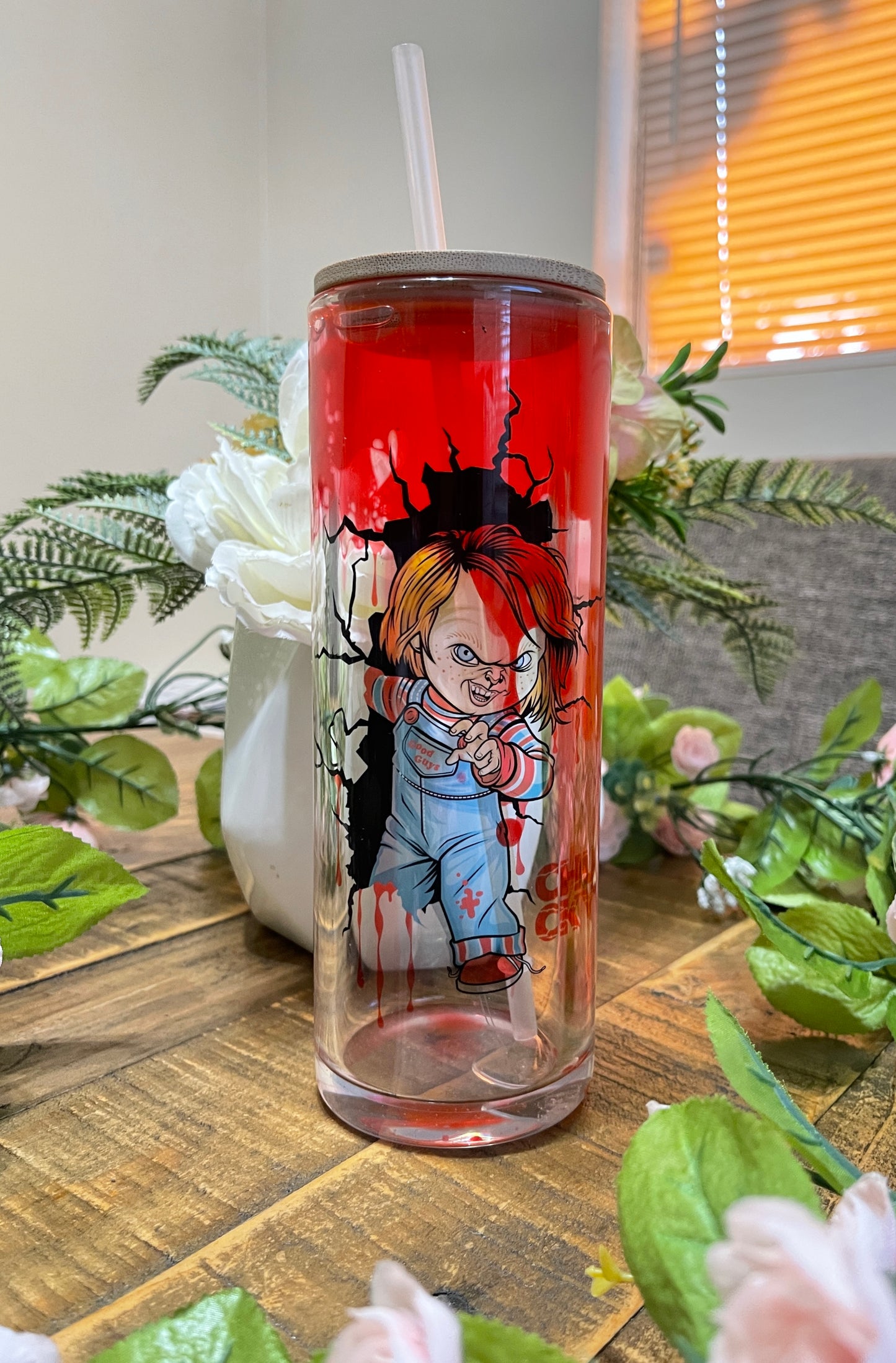 Chucky Blood Drip Snow Globe Glass Can 20 oz