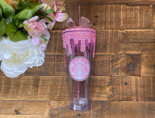 Pink Drip Rhinestone No Glitter Snow Globe Tumbler Little Lattes