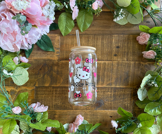 Kitty Bows & Flowers Pink 16 oz Glass Can