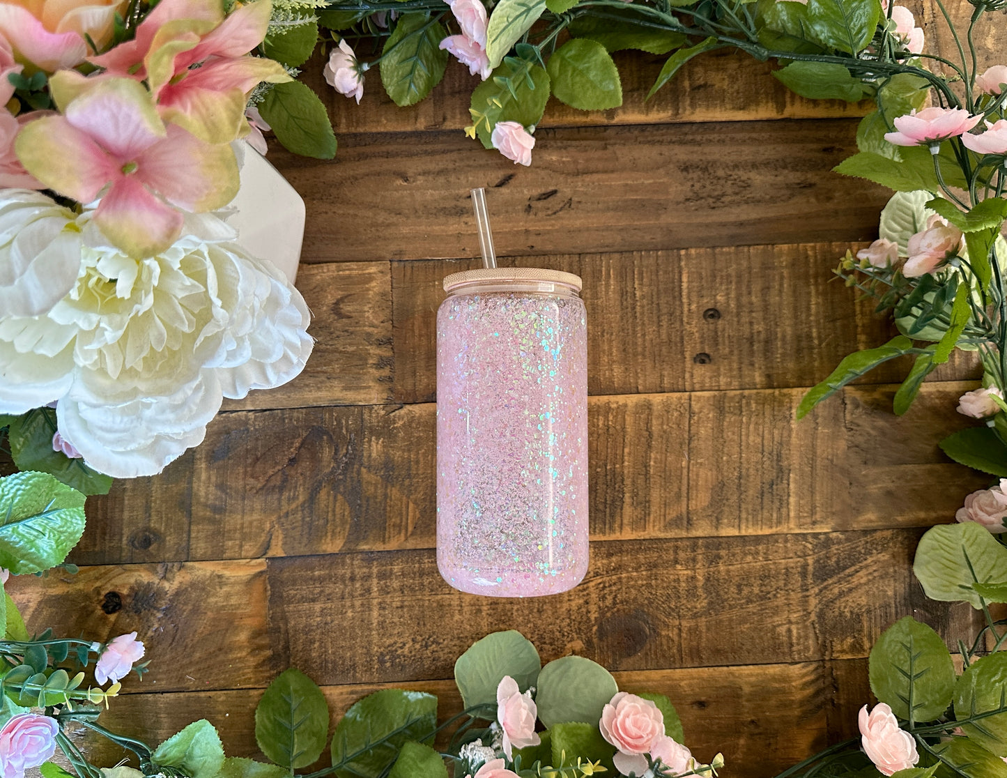 Snow Globe Glass Can 12 oz Light Pink Glitter