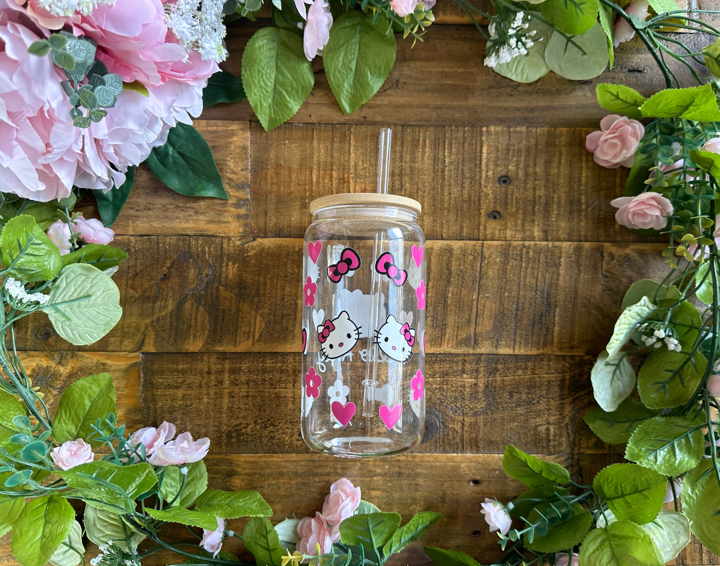 Kitty Bows & Flowers Pink 16 oz Glass Can