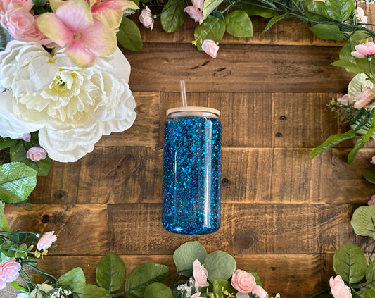 Snow Globe Glass Can 12 oz Blue Glitter