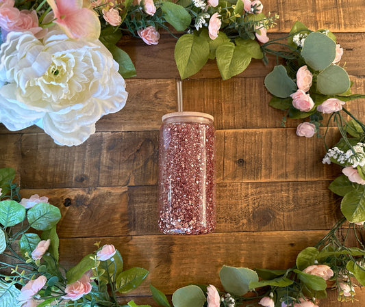 Snow Globe Glass Can 12oz Rose Quartz Glitter